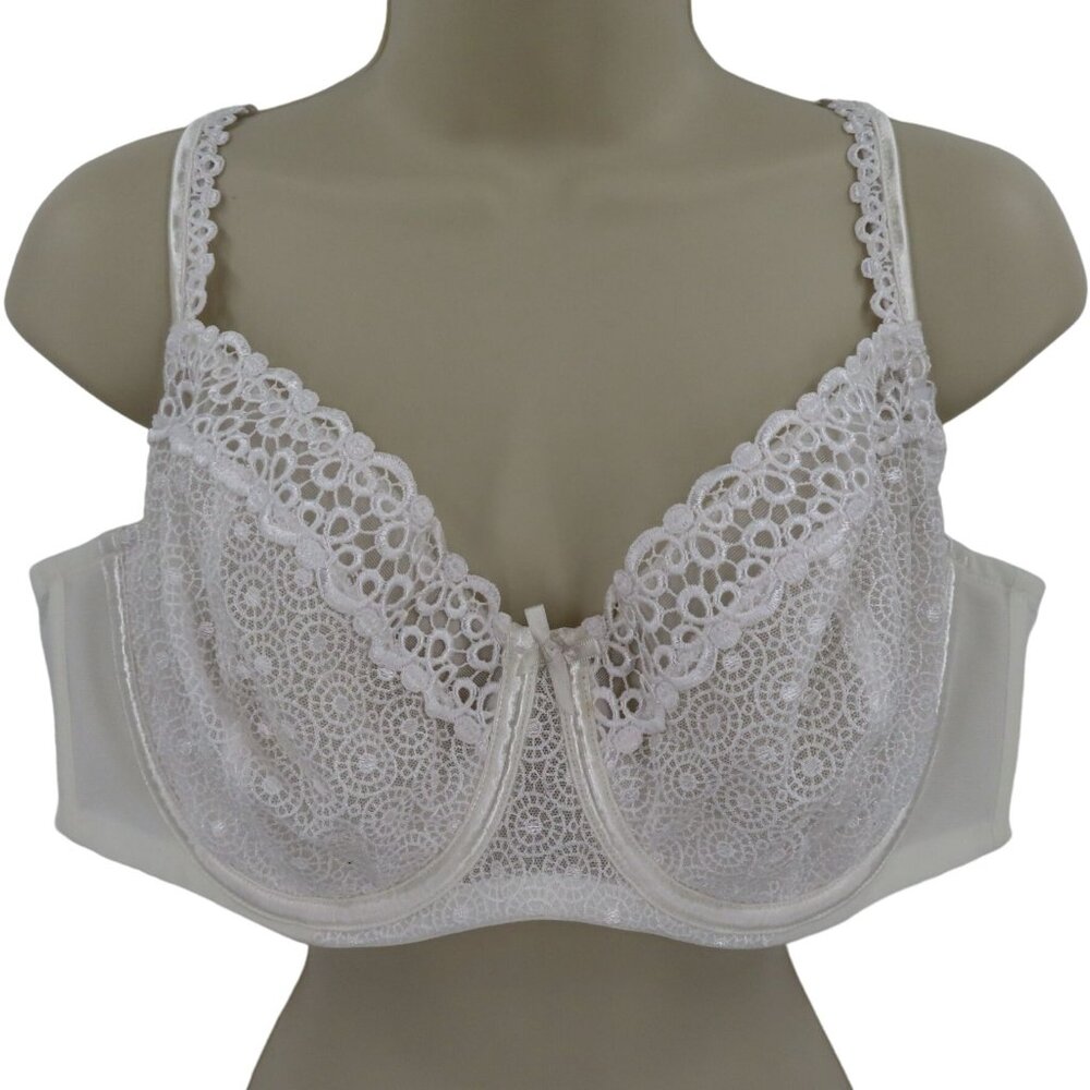 Cacique 42C Bra Style 000702 White Unlined Underwire Embroidered Lace Bow NEW